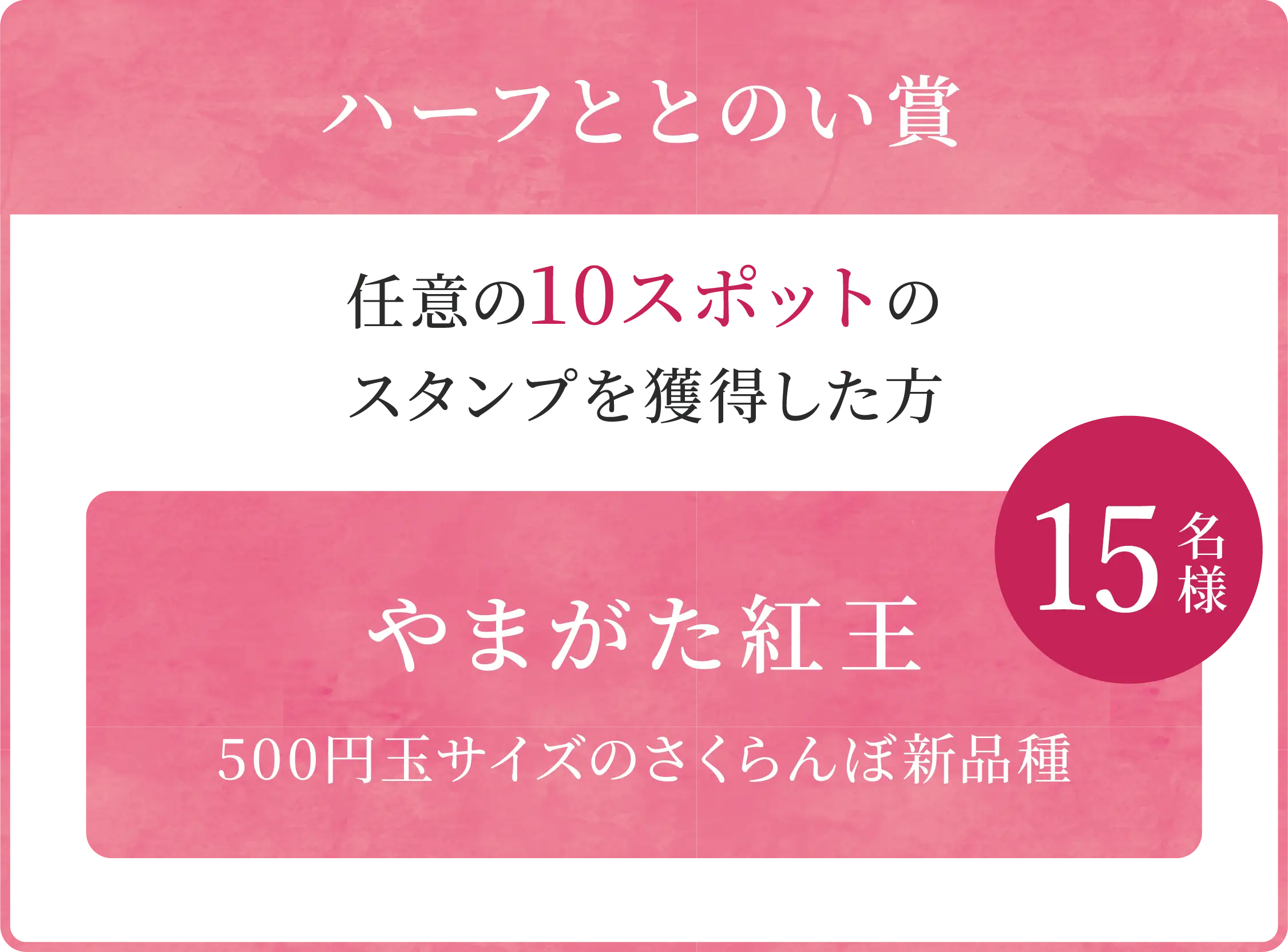 ハーフととのい賞、任意の10スポットのスタンプを獲得した方にやまがた紅王を15名様にプレゼント